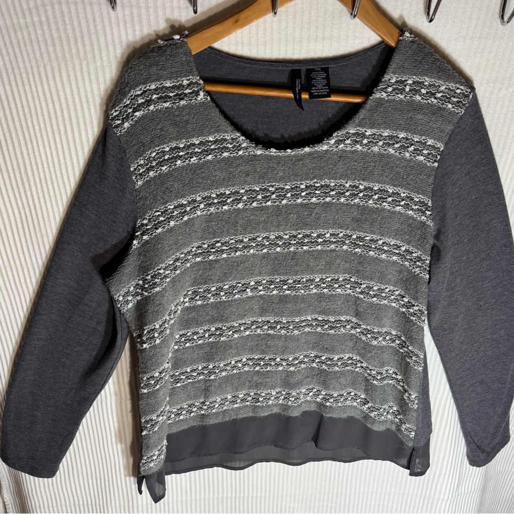 New Directions Petite XL Gray Striped Mixed Media Sweater w/Chiffon Hem